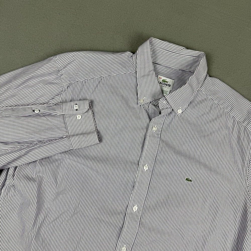 Lacoste Dress Shirt Adult 44 Purple‎ White Slim Fit Cotton Long Sleeve Button Up